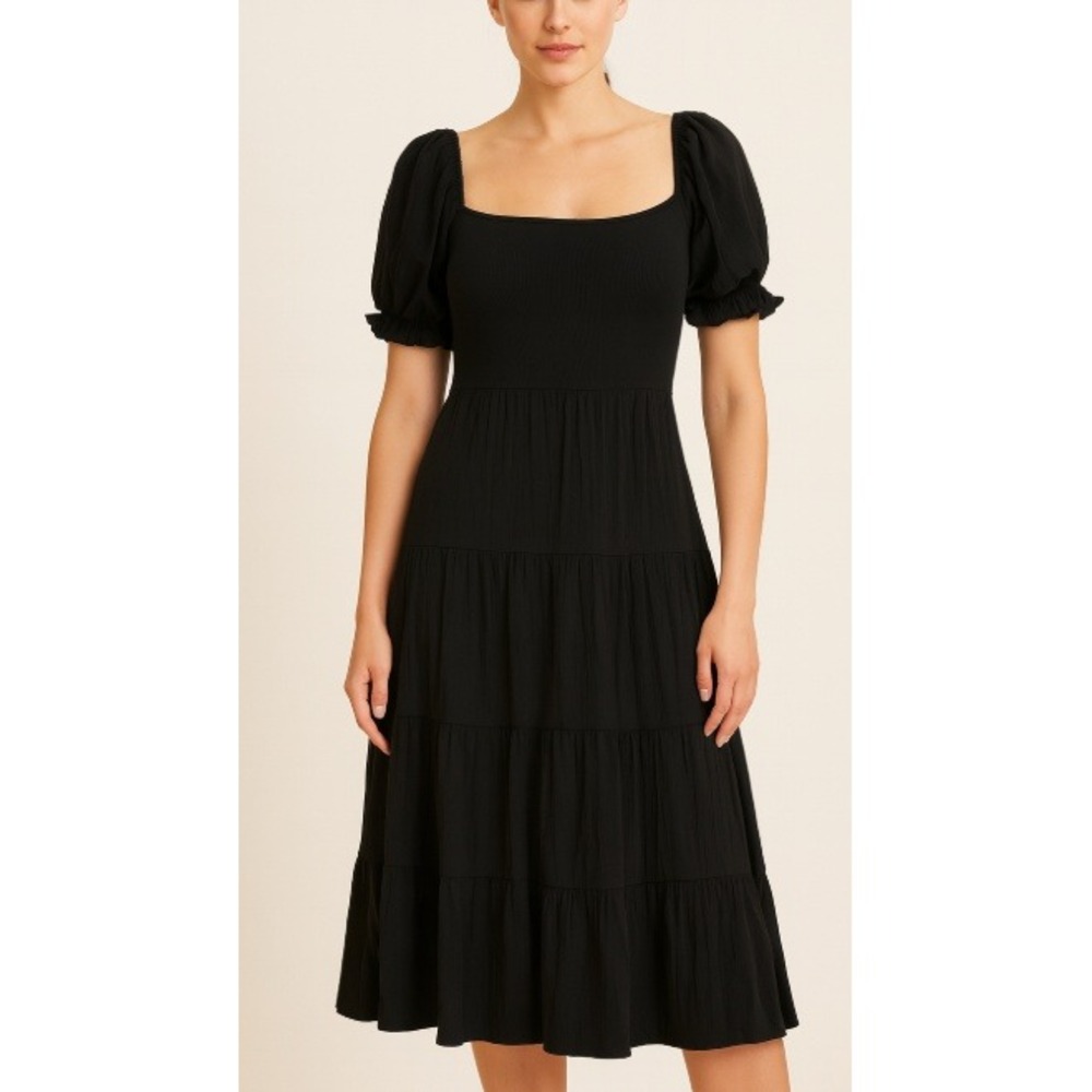 Jessakae‎ Collection XL Black Dress Smocked Bodice Short Sleeve Ruffle Hem